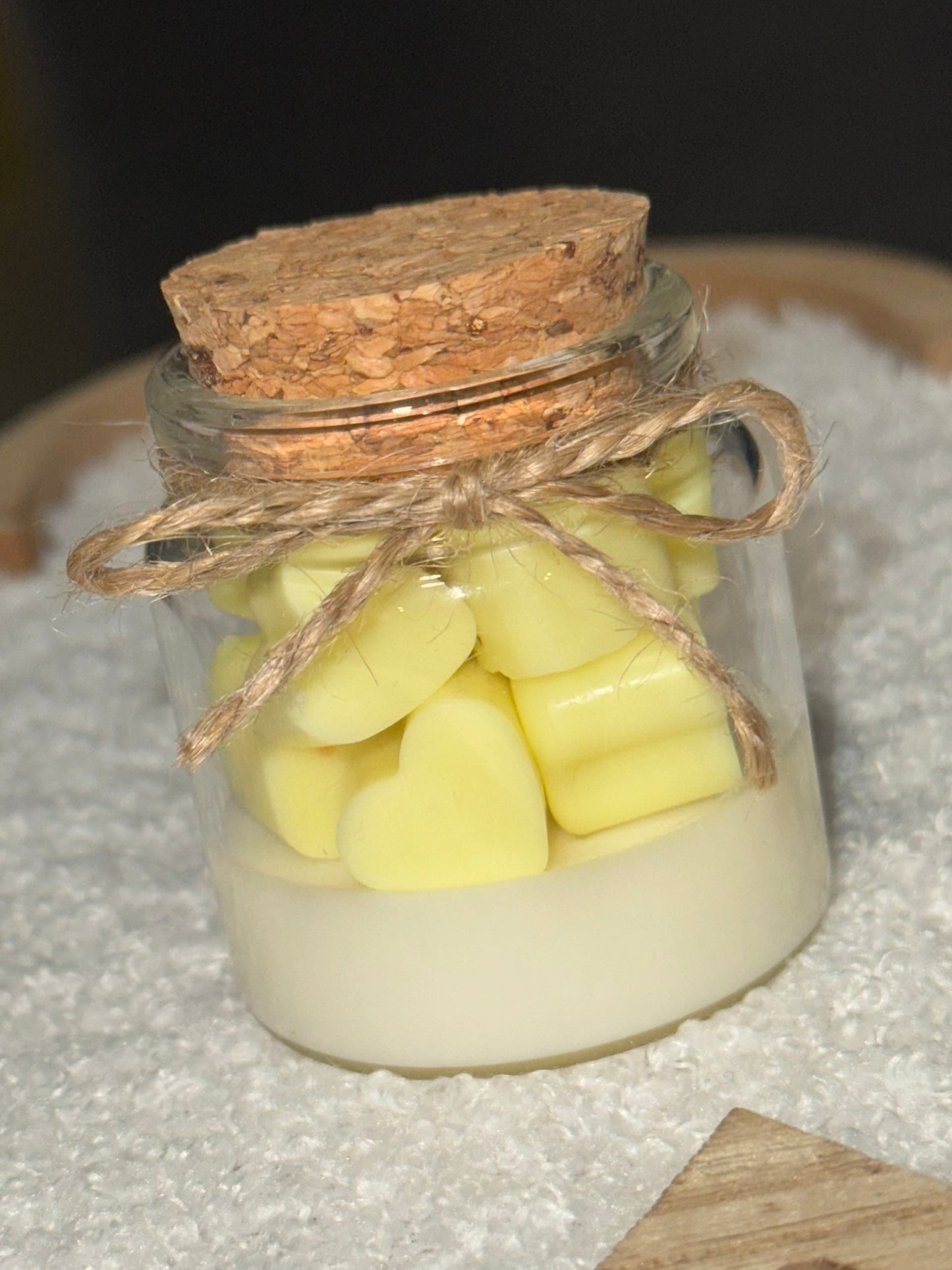 Little glass jar with hearts wax melts